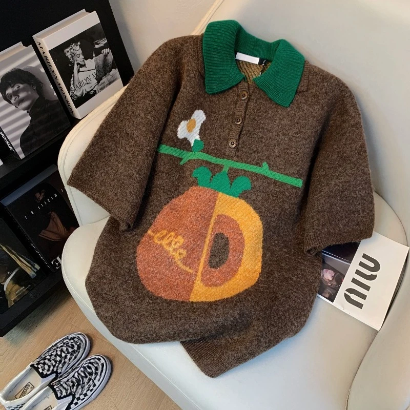 

Пуловеры с короткими рукавами, женская одежда, винтажный модный повседневный джемпер Sueter Mujer, корейский вязаный свитер, топы, свободные пуловеры Femme