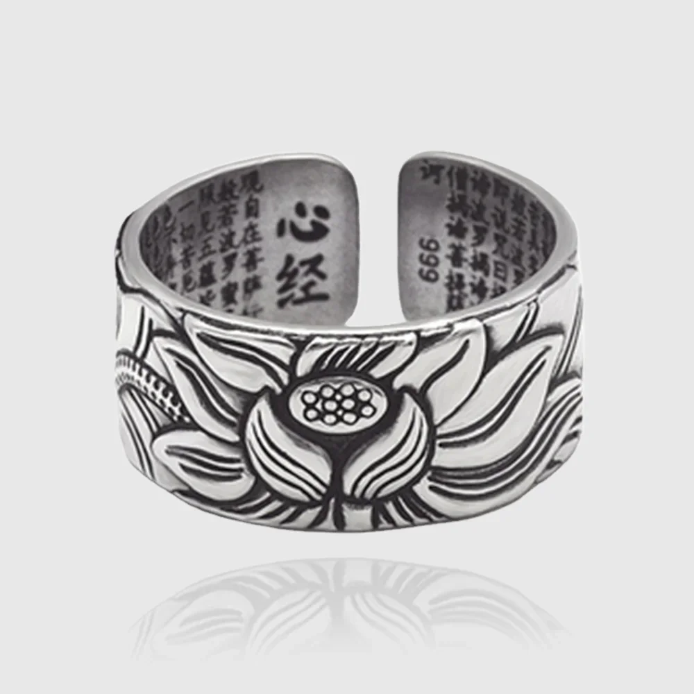 

S999 Sterling Silver Rings for Women Men New Fashion Lotus Heart Mantra Adjustable Pure Argentum Jewelry