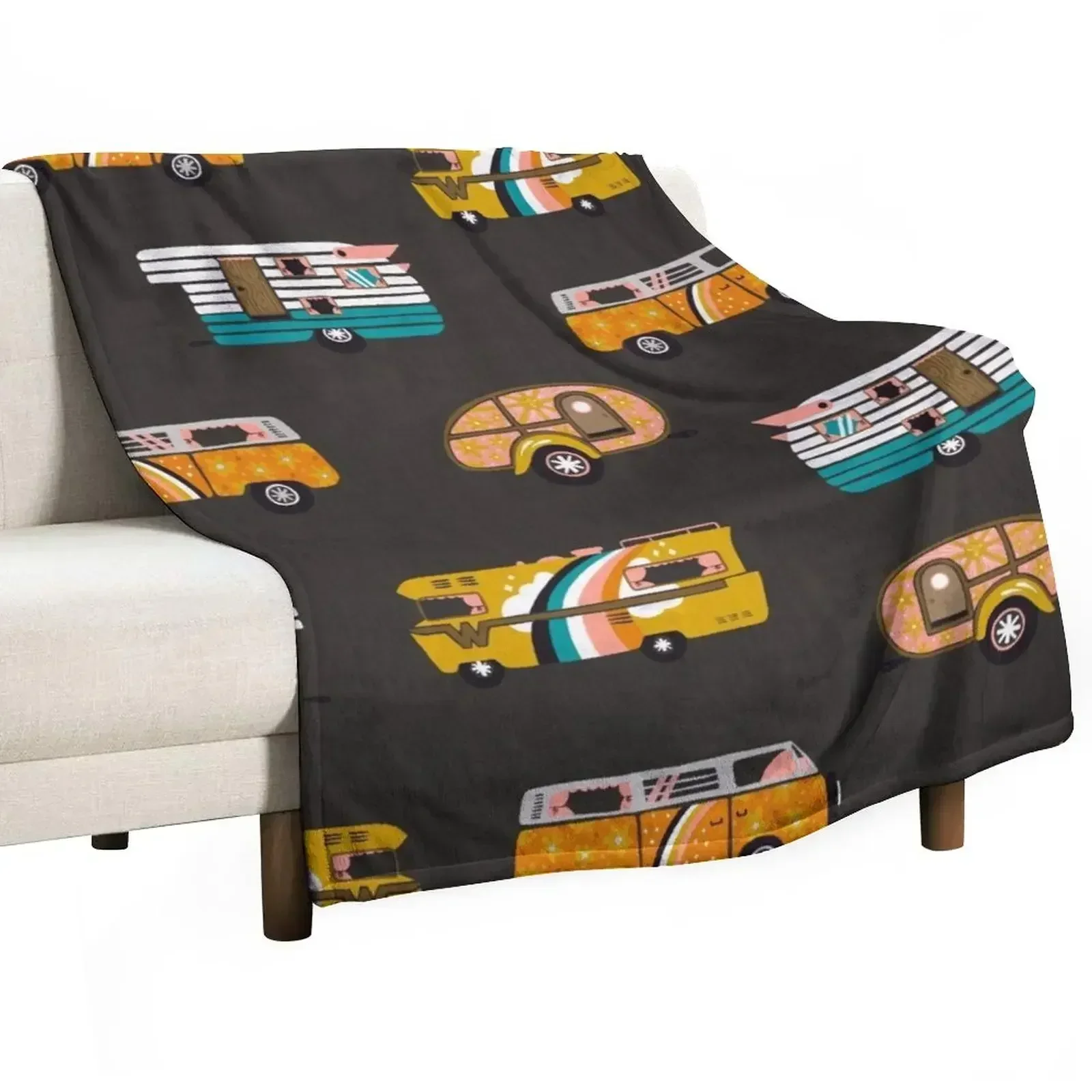 

Retro Road Trip – Charcoal Throw Blanket Bed covers Winter beds Sofa Quilt Blankets