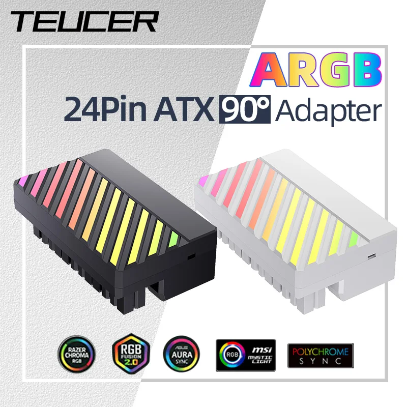 Teucer ATX 24Pin 90 Degree Motherboard Power Supply ARGB Cable Connector Plug Adapter DIY Mounting Accessessory for Desktops PC