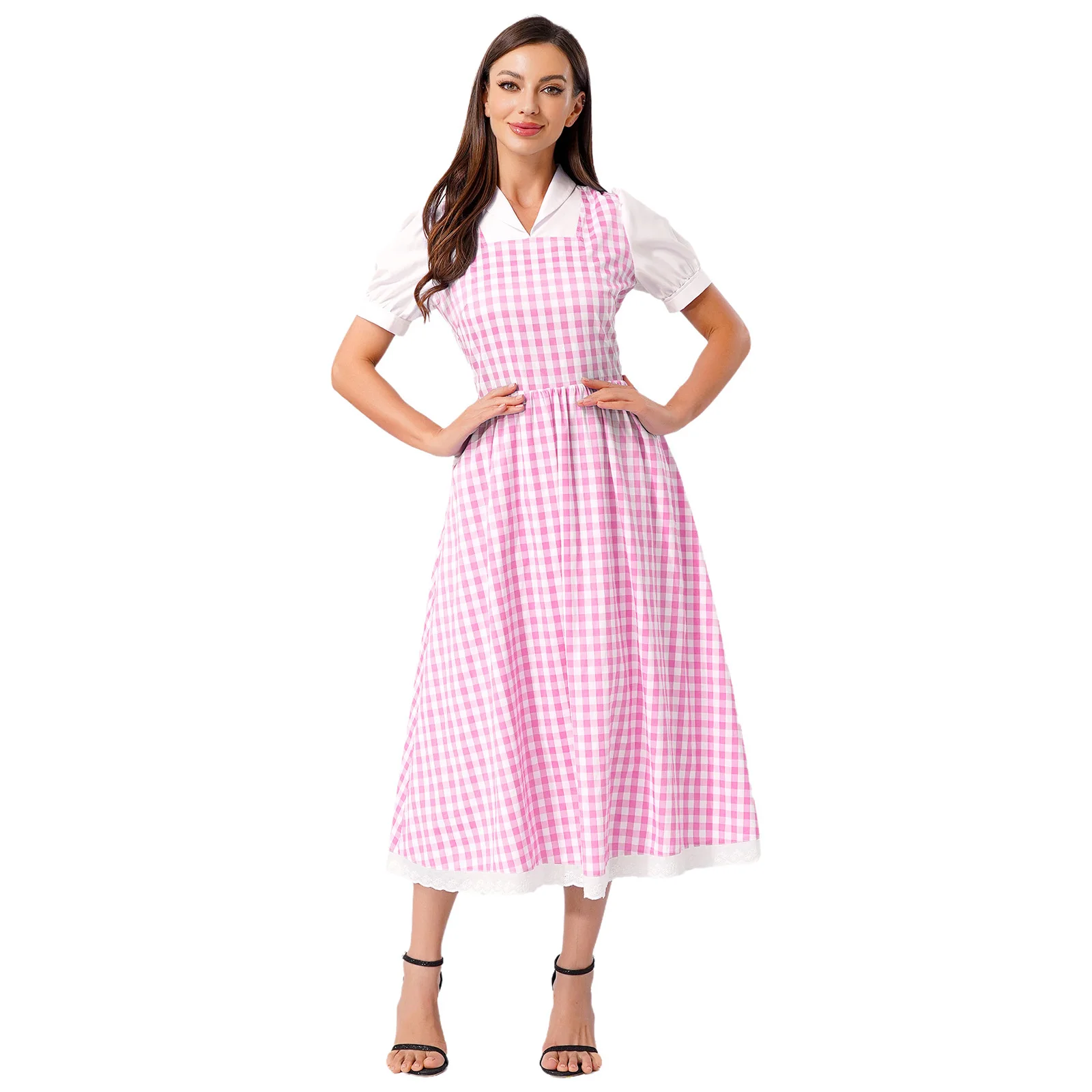 

Youthful Women Lace Trim A-line Plaid Dress Sweet Preppy Style School Girl Student Daily Party High Look Costumes Plaid Dress