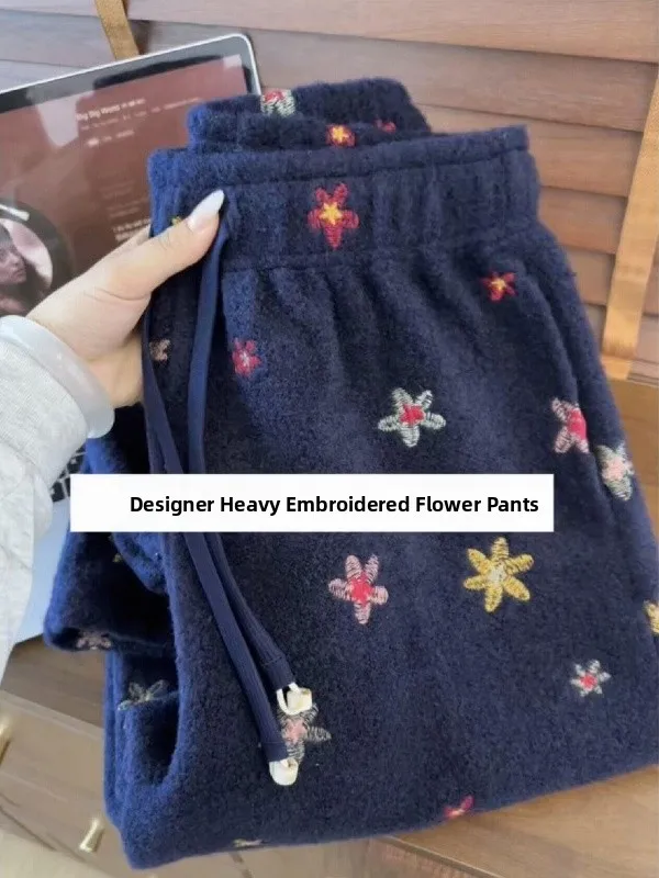 

Embroidered Heavy Stitching Women's Sweatpants High Waist Wide Leg Pants Floral Pattern Casual Wear Spring Season