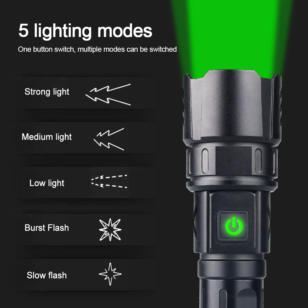 Green Flashlight Hunting Professional LED Zoomable Torch Tactical Rechargeable Lantern Night Scout Light+Press Switch+Gun Clip