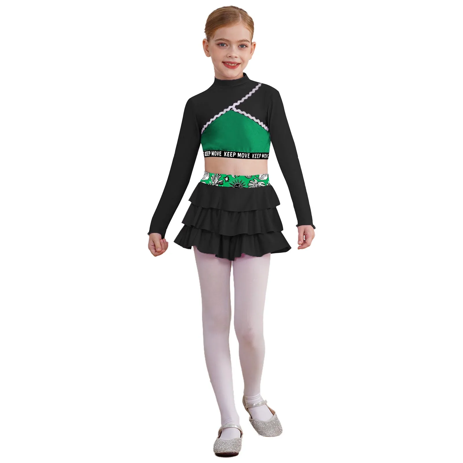 Completo da ragazza 2 pezzi per danza atletica, top corto a maniche lunghe con gonna sportiva, set da tennis, golf, abbigliamento sportivo, abbigliamento da ballo attivo