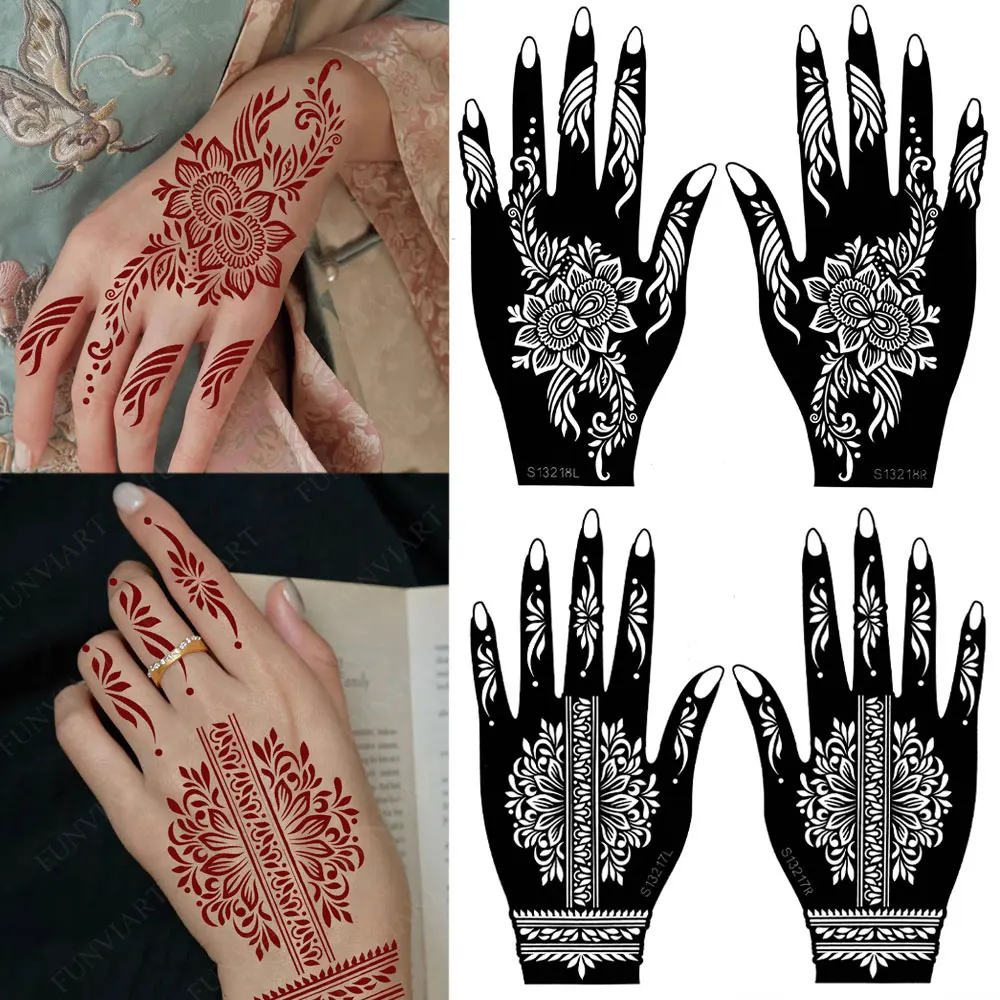 

2pcs Henna Tattoo Stencils for Hand Resuable Flower Tattoo Template for Women Both Hands Body Art for Wedding Festival