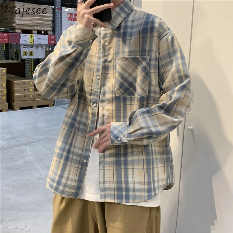 

Plaid Shirts Men Turn Down Collar Design Fashion Korean Style Popular All-match Teens Tops Casual Retro Spring New Simple Loose