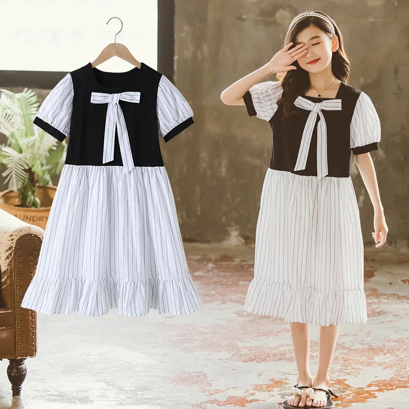 

2025 Korean Summer Junior Girl One-piece Dress Children Girl Patchwork Striped Dress Teenager Girl Knotbow Ruffle Princess Dress