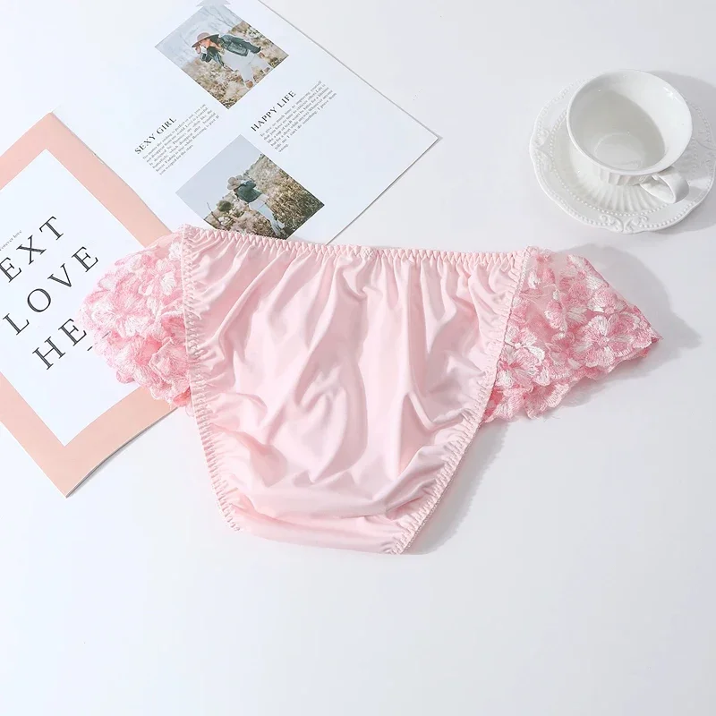Sexy Men's Lace Shiny Pouch Bag Briefs Sweet Pink Male Gay Underwear Japanese Style Mid Waist Breathable Panties Briefs