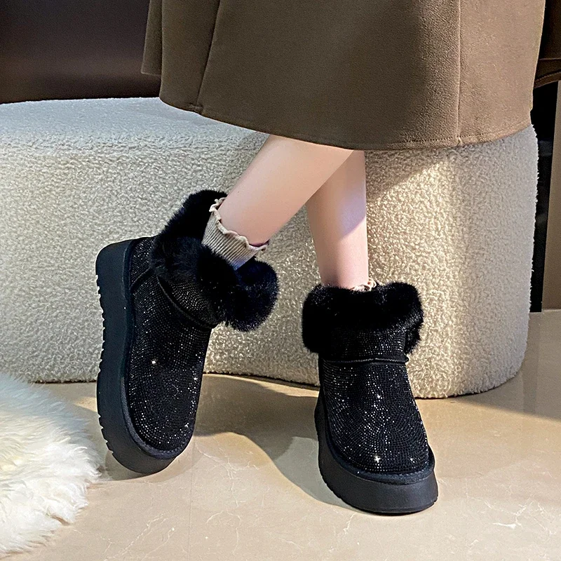 2024 New Women's Sheep suede Winter Boots Fashion Bright Diamond Warm Snow Boots Women's Non slip Thick Plush Ankle Boots