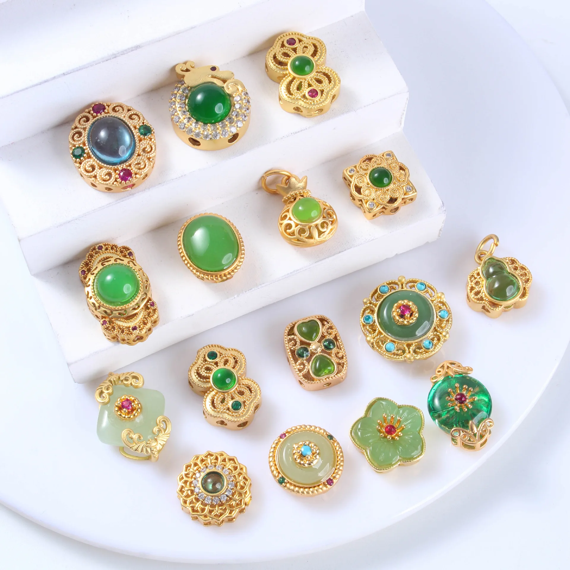 8pcs Copper Gold-plated Inlaid Tourmaline Jade Spacer Beads DIY Necklace Bracelet Jewelry Accessories Beading Materials