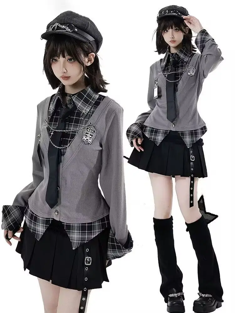 

Готический винтажный комплект из двух предметов с юбкой Spicy Girls Plaid Patchwork Fake Two Tops High Street Y2k Мини-юбка в консервативном стиле Модный комплект