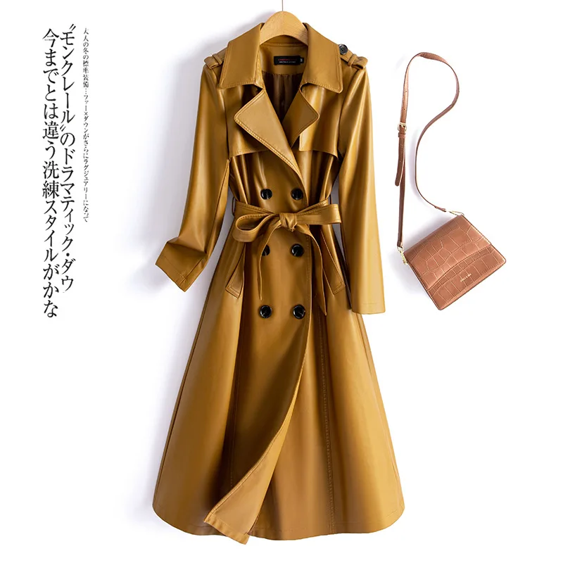 Elegant Pu Leather Women's Long Jacket Double Breasted Lace Up Solid Jackets Lady 2025 Autumn Winter Chic Female Outwears