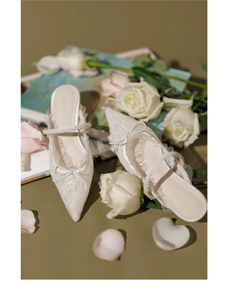 Summer new pointed lace bow pearl low-heeled slope-heeled fashion slippers wedding shoes banquet large-size flat women's sandals