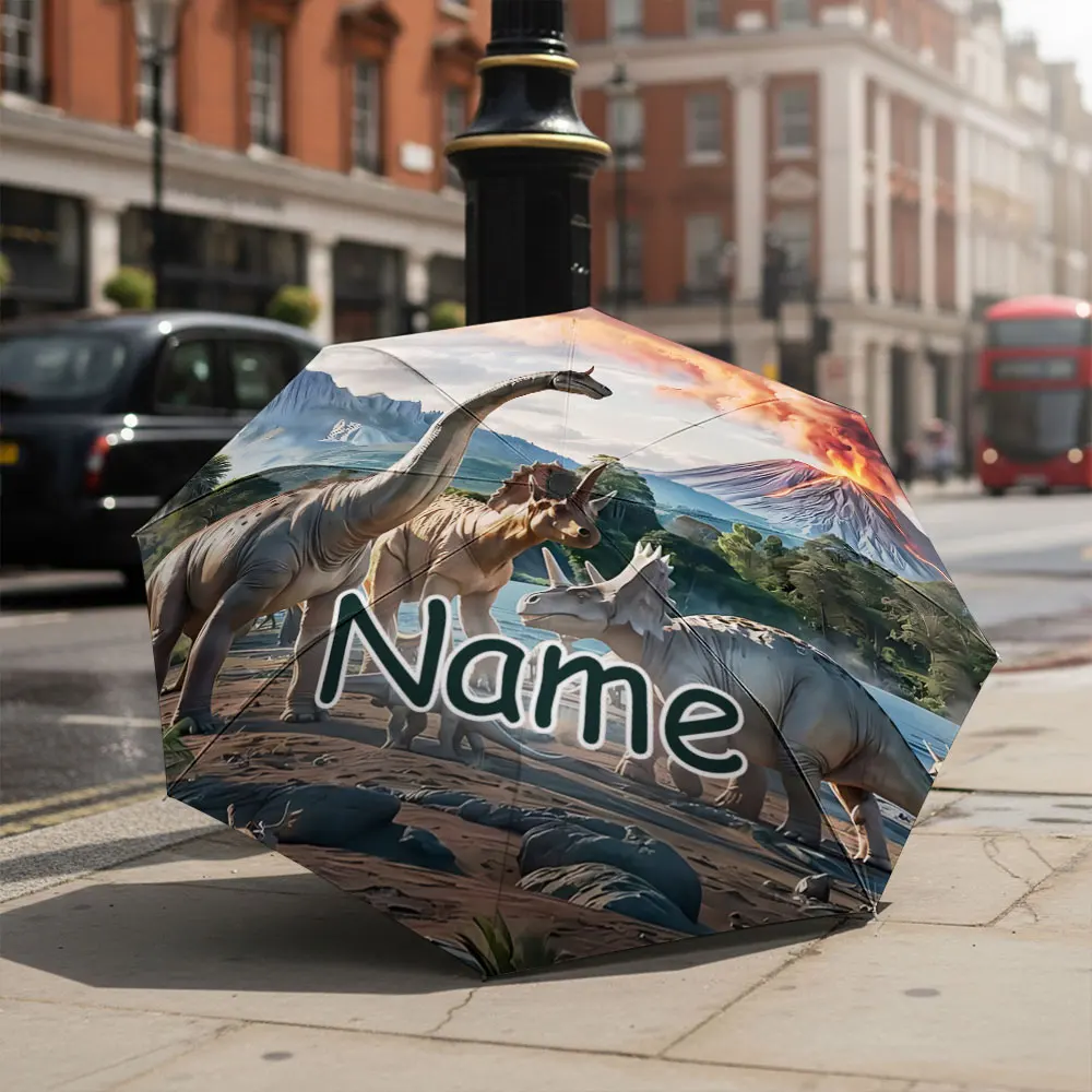 Custom Name umbrella, Dinosaur Pattern Fashion Folding Umbrella with Volcano Eruption Design for Sunny and Rainy Days,Gift