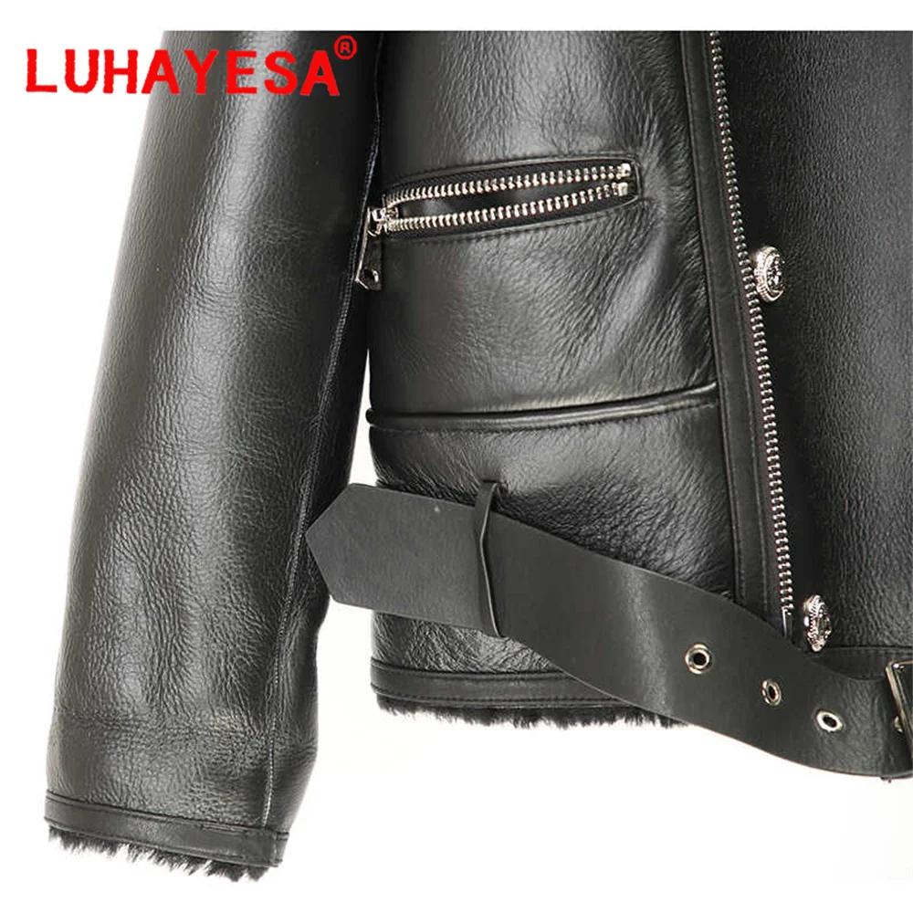 Luhayesa-Veste en peau de mouton mérinos pour femme, vêtements en peau de mouton, noir, cuir véritable, Australie, hiver, 2024