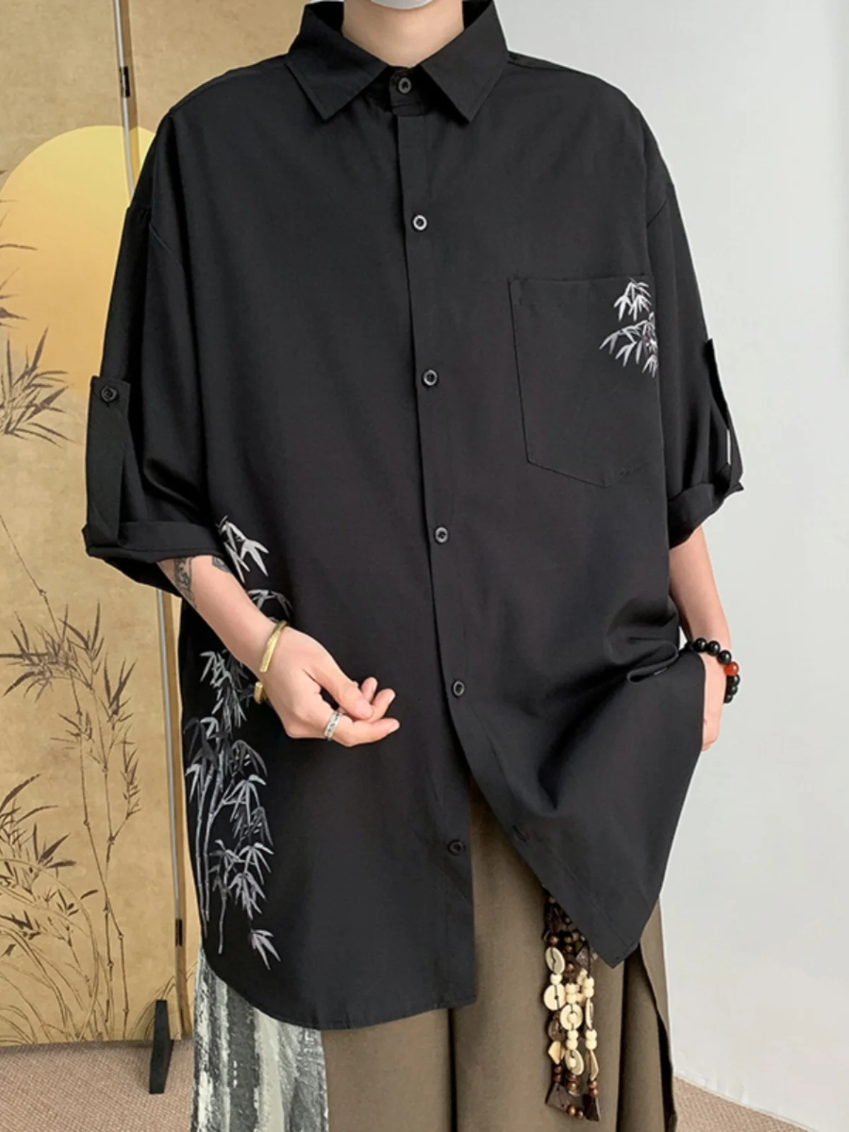 

New Chinese Sle Bamboo Pattern ort Sve Casual irt Men's Summer Loose Fit High Collar Faionable Breathable irt