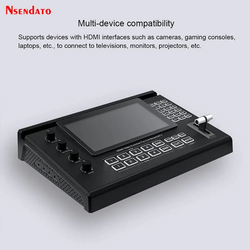1080P 4 Channel HDMI Video Mixer Switcher for Live Streaming Broadcast 4 In 2 out 7' Screen HDMI Video Switcher with Mic Line in