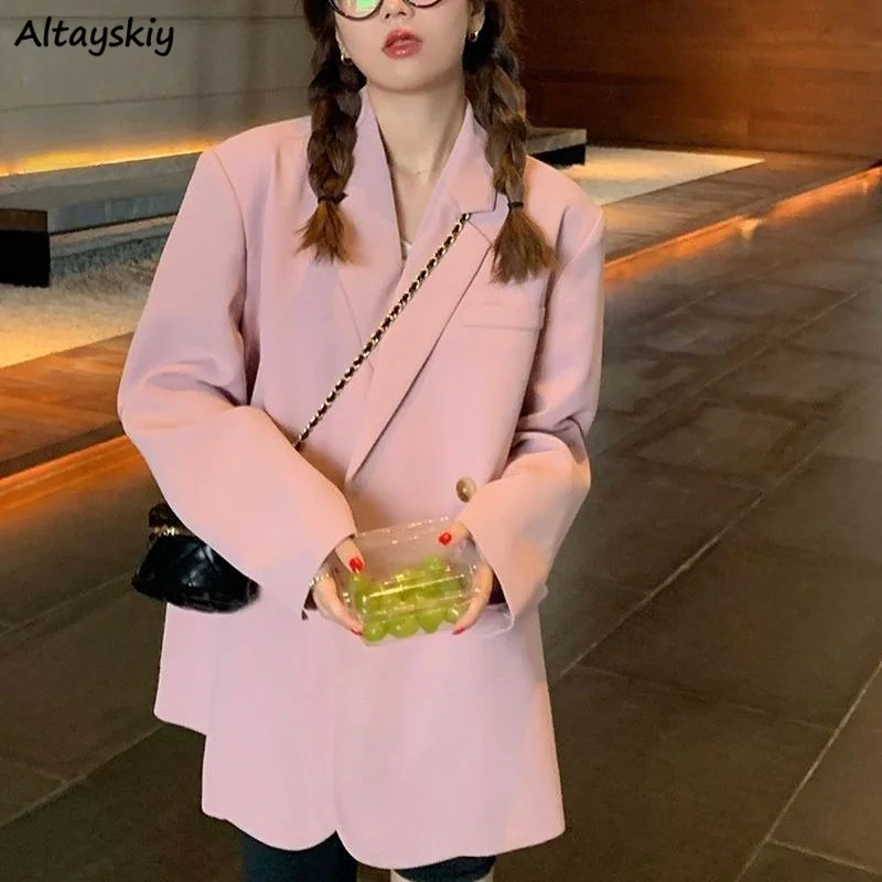 

3 Colors Blazers Women Elegant Korean Style Fashion Office Ladies Single Button Casual Basic Autumn Pink Solid All-match Sweet