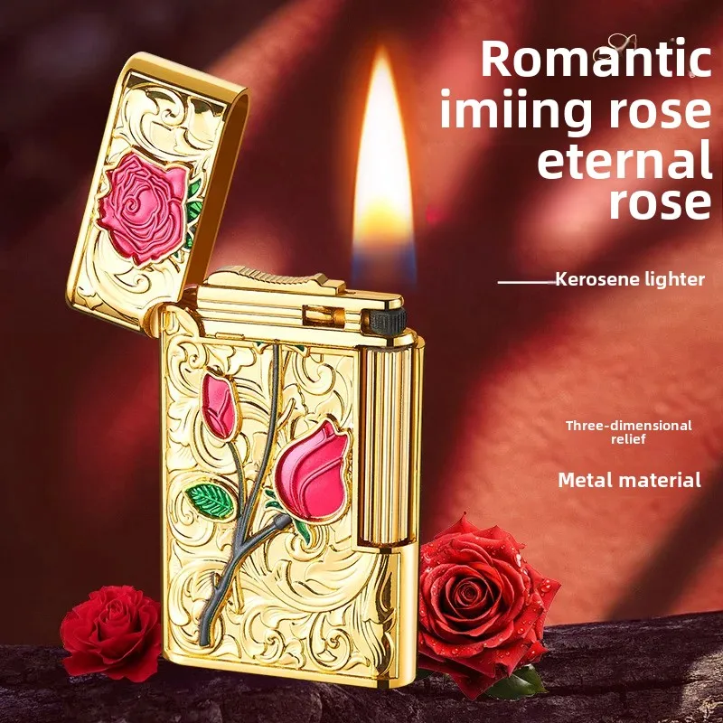 Side Play Langsheng Grinding Wheel Open Flame Kerosene Lighter Wholesale Creative Personalized Rose Gifts Windproof Butane