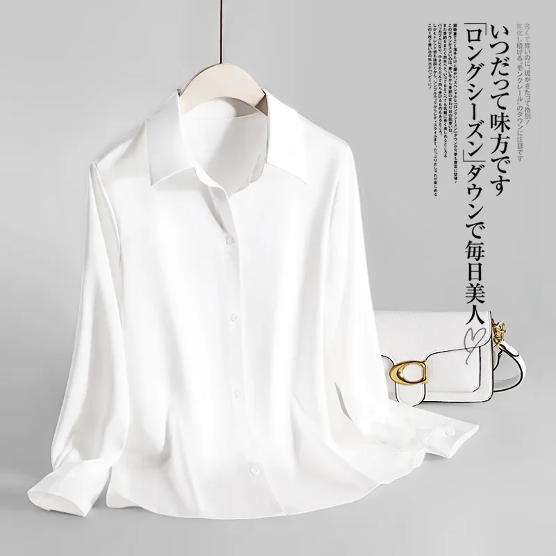 Double Sided Acetic Acid Satin White Shirt, Women\'s Long Sleeved Spring Professional Office Shirt Bow Ribbon Shirt