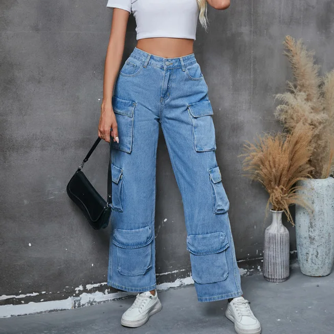 

Women's Four Seasons New Denim Overalls Casual Multi-pocket Washed High Waist Straight Nine Minutes of Pants Women's Streetwear