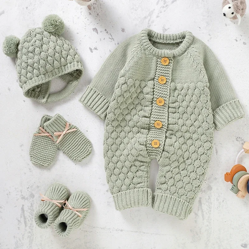 

Newborn Baby Romper Shoes Gloves Set Knit Girl Boy Jumpsuit Boot Mitten Solid Toddler Infant Long Sleeve Clothing 4PC Fall B231