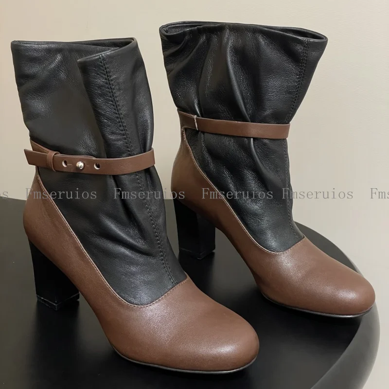 

Женские ботильоны, короткие ботинки на высоком каблуке с круглым носком, качественные ботинки на квадратном каблуке с пряжкой и ремешком из натуральной кожи, элегантный простой дизайн