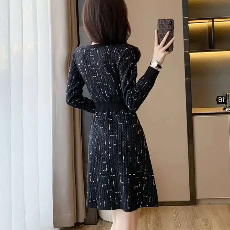 #0901 Black High Waisted Sweater Dress O-neck Buttons Office Elegant Short Dress Female Long Sleeve Stretch Knitted Dress Femme