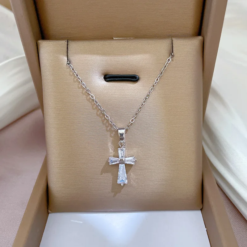 Gold Color Minimalist Simple Cubic Zirconia Cross Pendant Neckalce for Women, CZ Crucifix Neclace, 316L Stainless Steel Not Fade