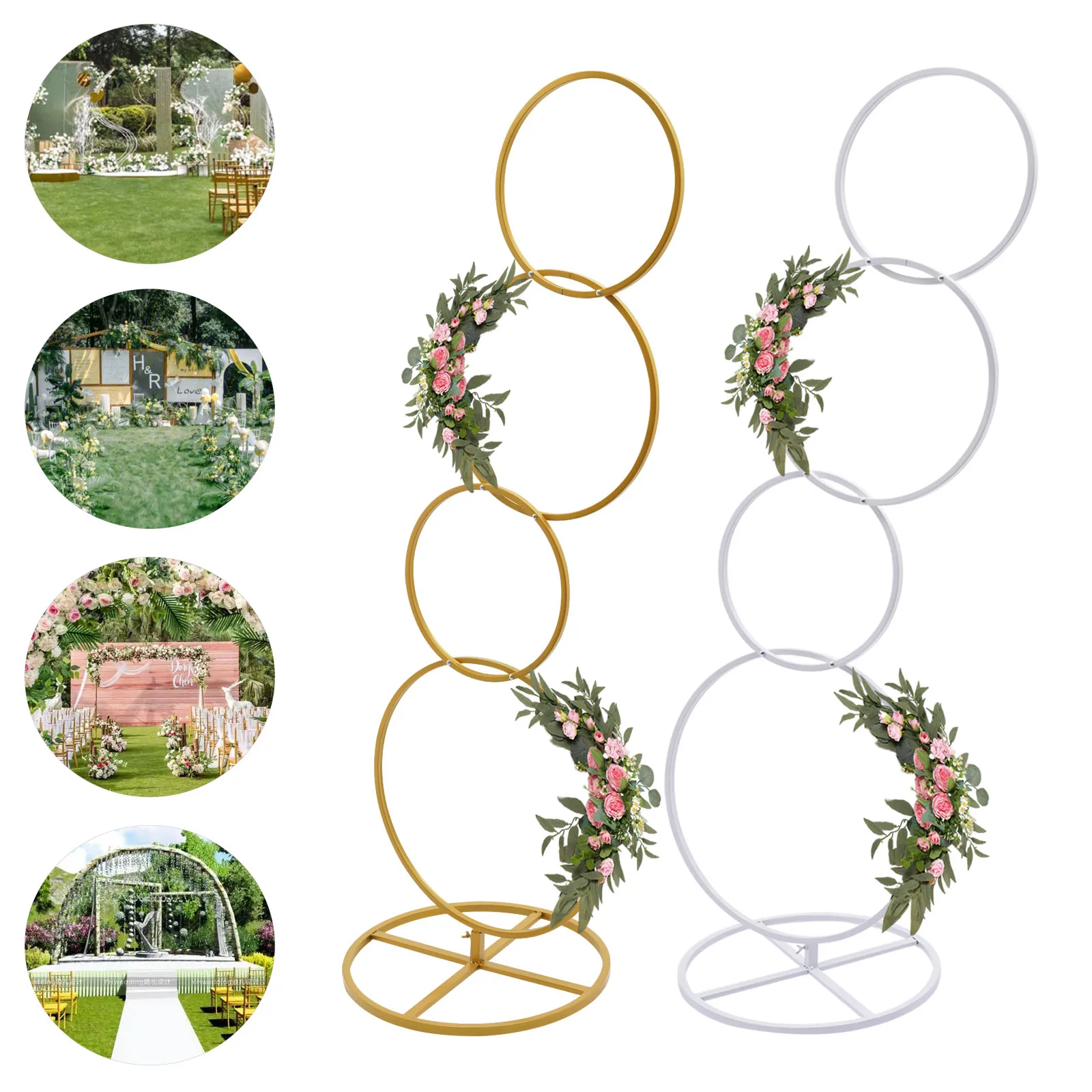 Wedding Round Hoop Backdrop Stand, Detachable 4 Tier Gold/White Metal Flower Arch Frame for Photo Booth Background