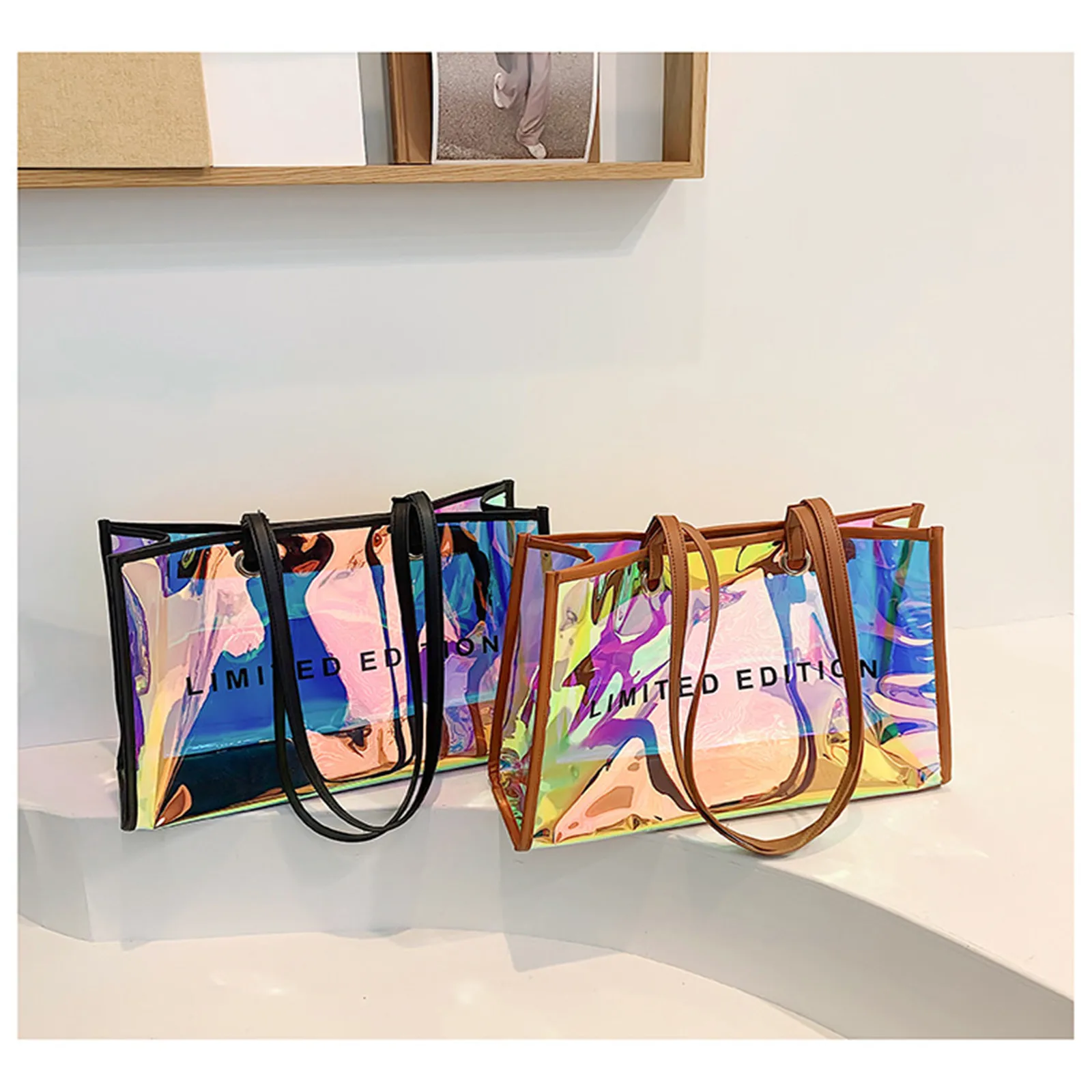 Fashion Women Clear Tote Bag PVC Laser Waterproof Transparent Handbags Large Capacity Shoulder Bag Summer Beach Portable Bags