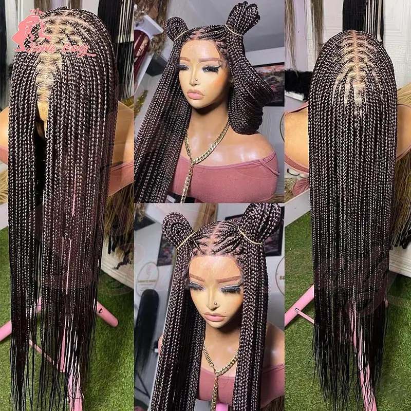 36 بوصة طويلة كامل الدانتيل شعر مستعار مضفر للنساء السود الاصطناعية Knotless صندوق الضفائر شعر مستعار الأفرو آلهة Locs اليدوية كورنو شعر مستعار #3