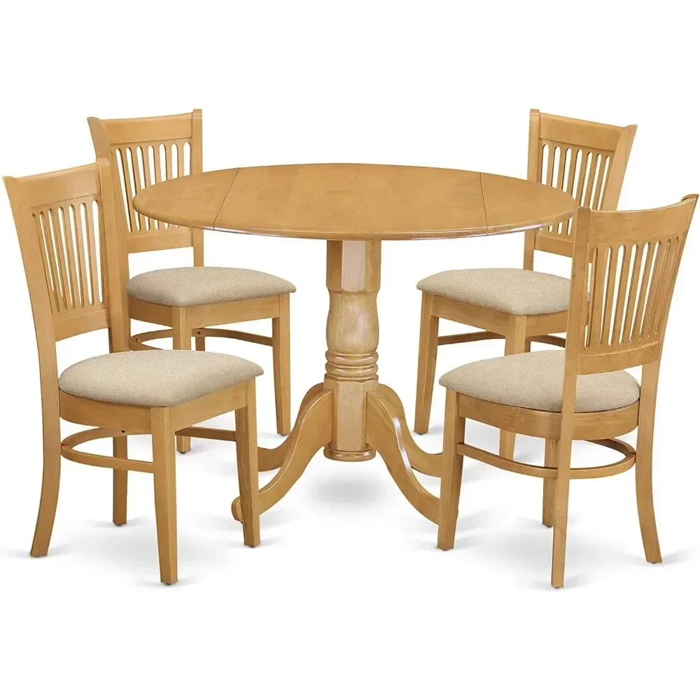 The 5-piece kitchen set includes a circular dining table with hanging leaves and 4 linen upholstered chairs in oak wood