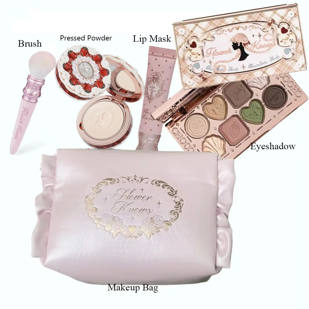 Flower Knows All In One Makeup Set Gift Box Glitter Eye Shadow Palette Matte Blush Long Lasting Velvet Lip Cream With Bag