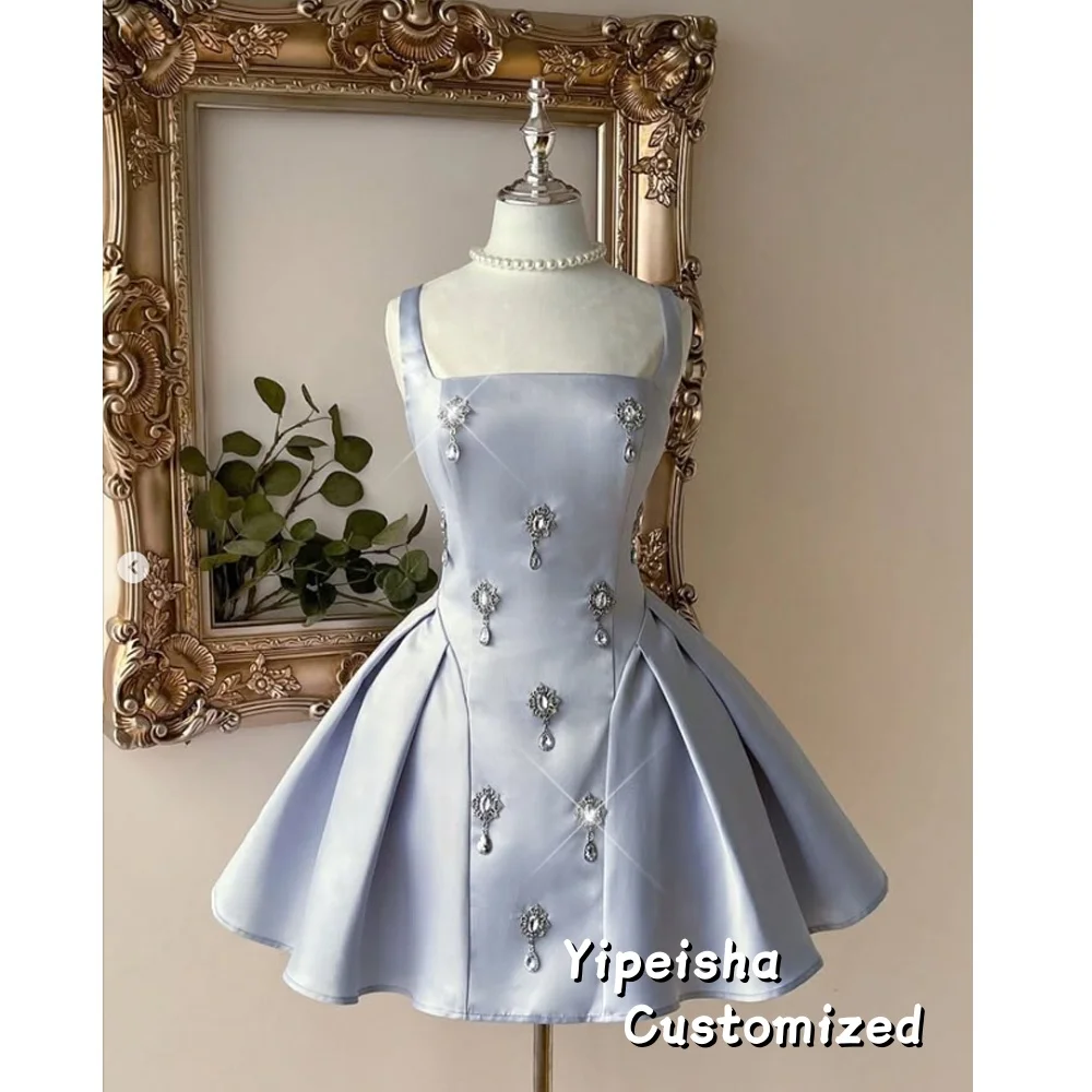 

Light Blue Luxury Square Neck Evening Dresses Diamond Sleeveless Prom Dress Mini Party Gown Short Homecoming Gowns Customized