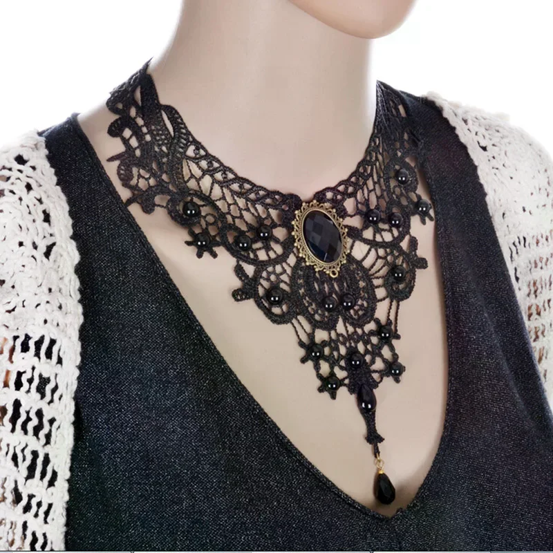 /HTF/Black Lace& Beads Choker Victorian Steampunk Style Gothic Collar Necklace Gift