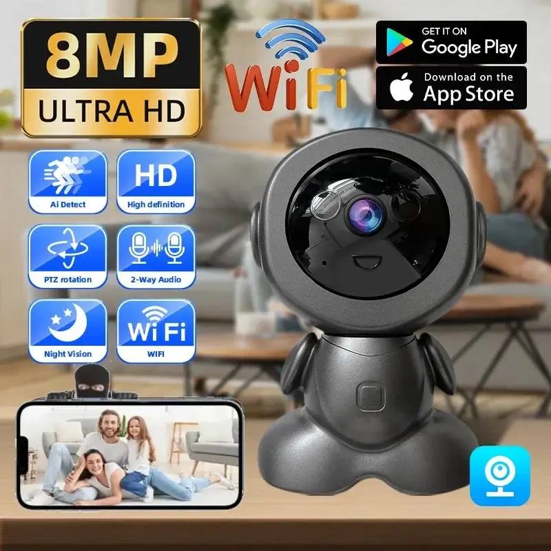 8MP Wifi Security Camera Indoor HD Baby Monitor Smart Home Surveillance Robot PTZ Camera Auto Tracking Night Vision Pet Monitor