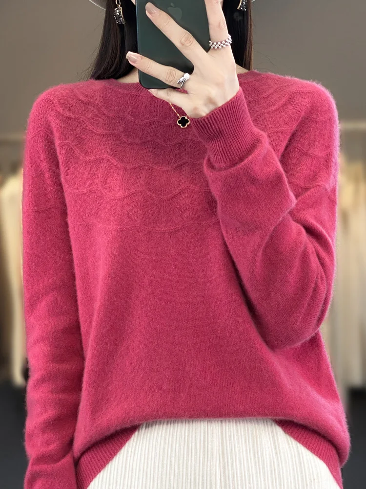Women’s O-neck Sweater Pullovers Autumn Winter Hollow Out Cashmere 100% Merino Wool Knitwear Raglan Sleeve Grace Clothing Tops