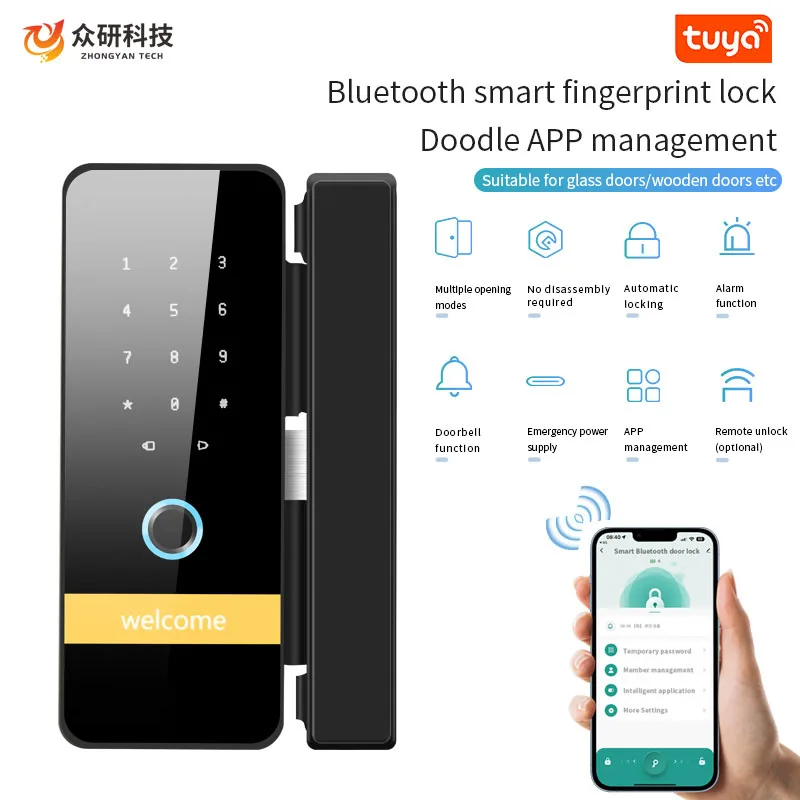 

Bluetooth tuya APP Unlock Smart Glass Door Lock Electronic lock Password 13.56Mhz IC RFID Biometric Fingerprint Smart Door Lock