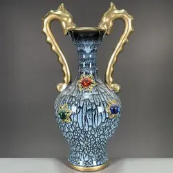 Chinese antique porcelain collection Song Dynasty Jun porcelain kiln gold double dragon ear inlaid gemstone vase