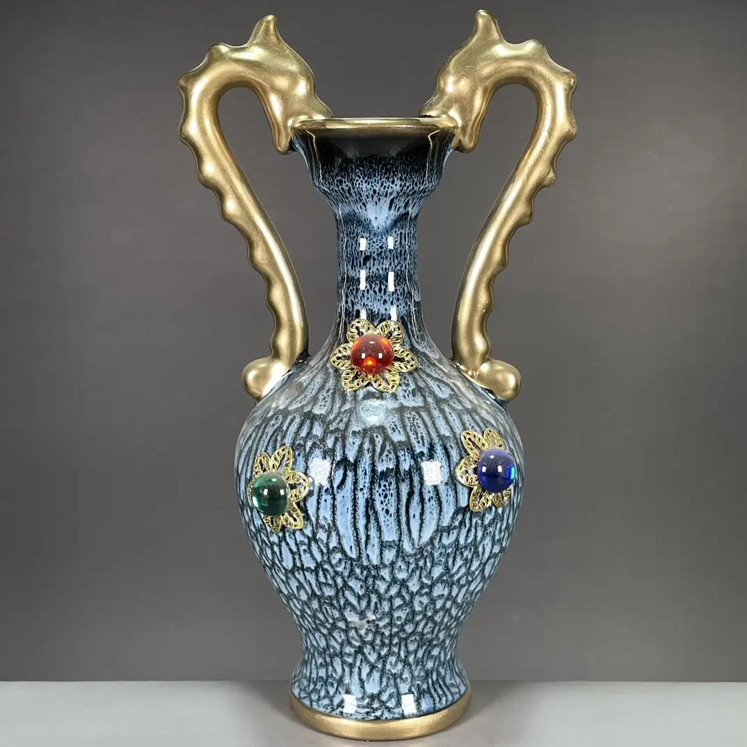 Chinese antique porcelain collection Song Dynasty Jun porcelain kiln gold double dragon ear inlaid gemstone vase