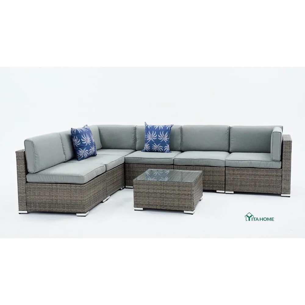 Outdoor Sofa Sets, Sectional Sofa PE Rattan Wicker Conversation Set Outside Couch W/Table and Cushions,Outdoors Garden SofasSets