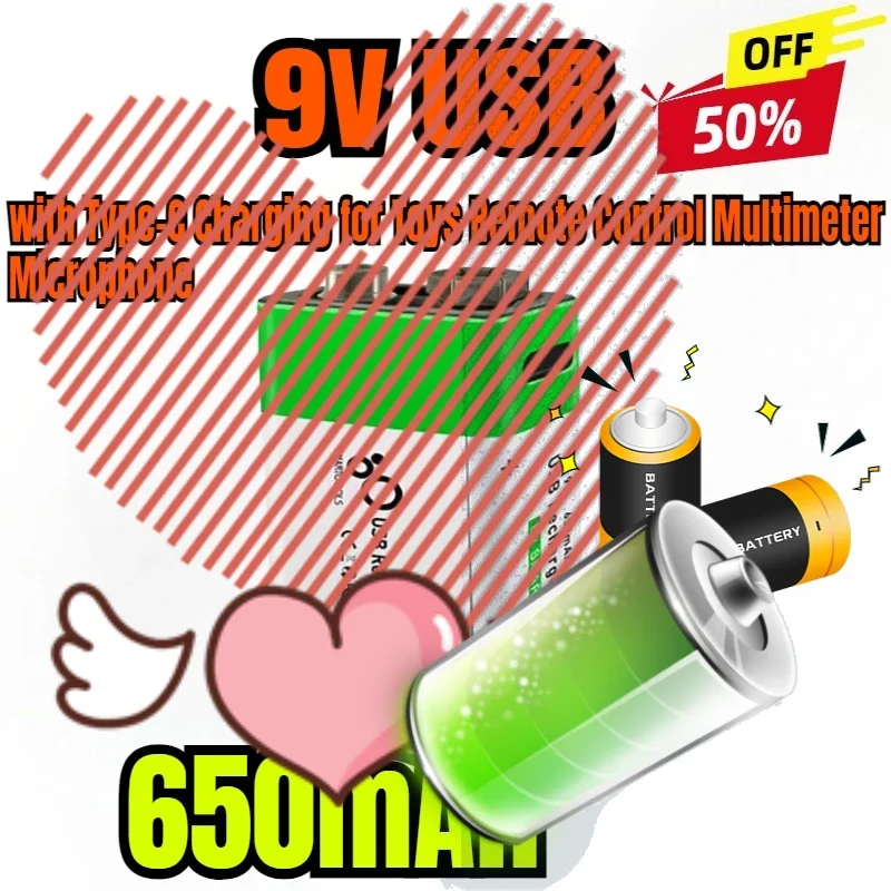 

9V USB Rechargeable Li-Ion Battery 650mAh 1.5h Rapid Recharge with Type-C Charging for Toys Remote Control Multimeter Microphone