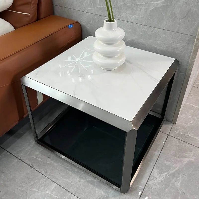Simple Gray Black Titanium Brushed Stainless Steel European Gray Glass Rock Slab Corner Living Room Square Office Coffee Side Ta