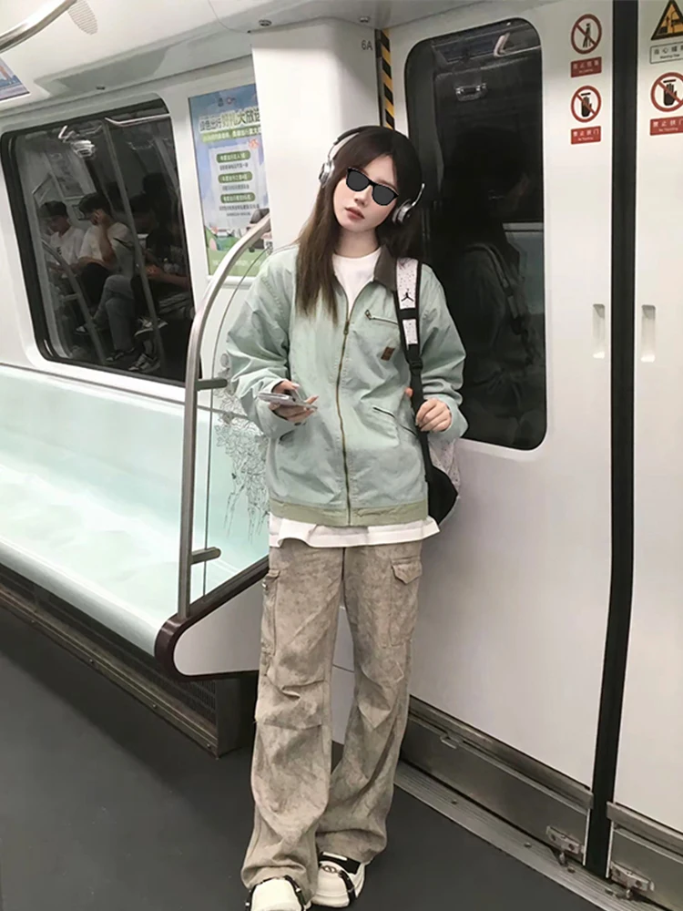 

Baseball Jackets Nylon Womens Autumn Cinching Spliced Knitted Sukajan Matte Stretchy Glossy Zippers Two-Sided Splice Fleeced Y2K