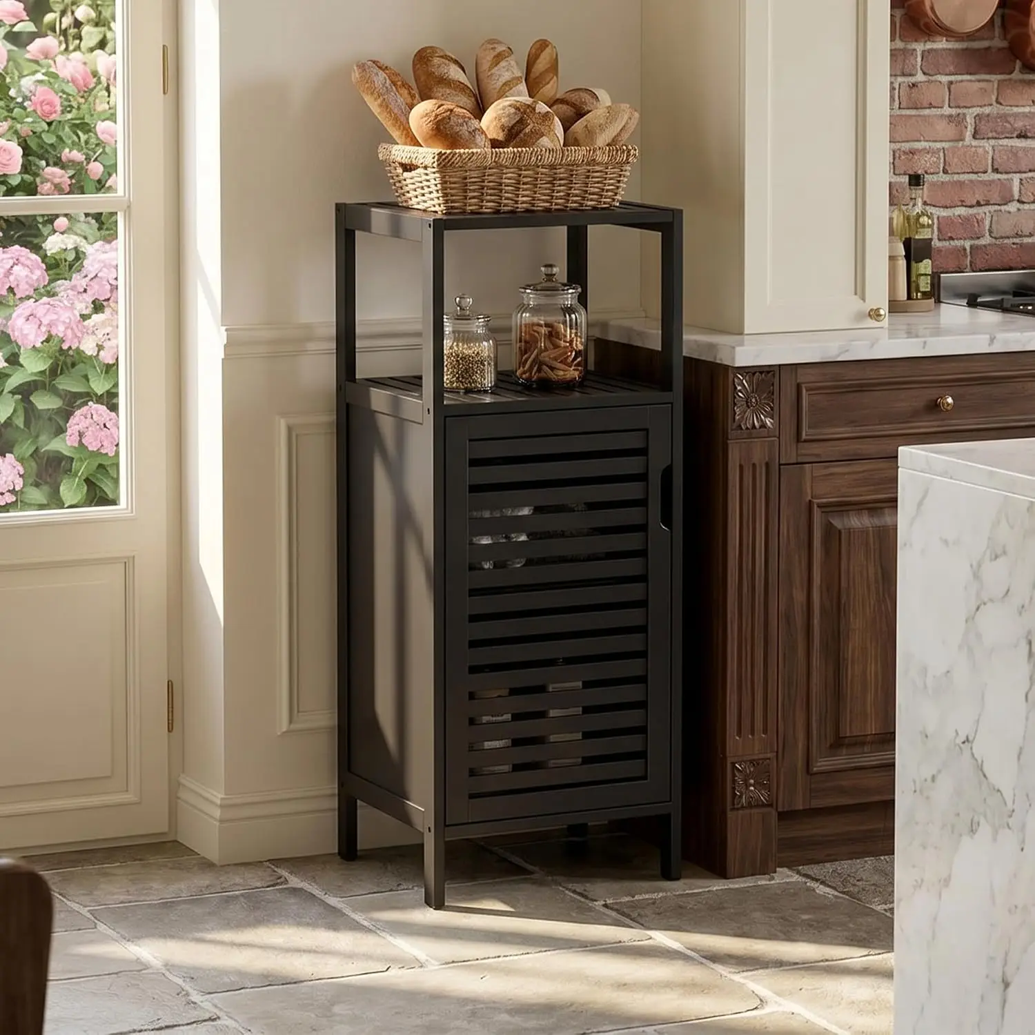 Bamboo Floor Cabinet, Small Bathroom Cabinet Floor Standing, 4 Tier Narrow Side Storage Cabinet, Space Saving Kitchen Cupboard with Single Door, Black