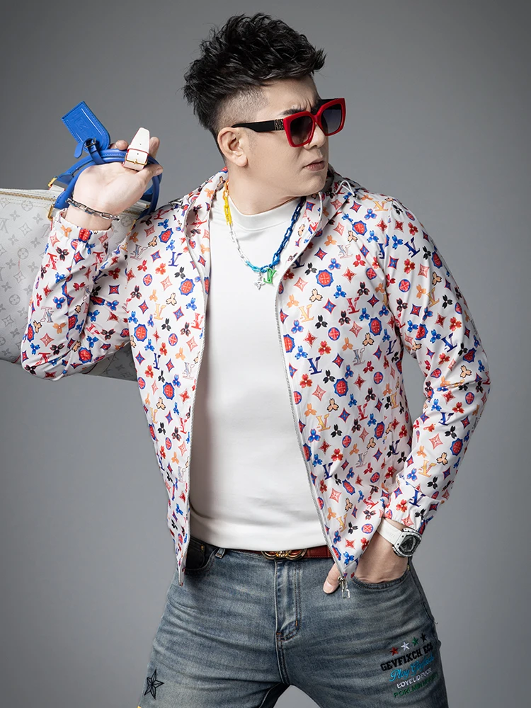 

Мужская высококачественная куртка с капюшоном и принтом, повседневная, с цветочным узором, весенняя новинка, легкая, класса люкс, приталенного кроя, из полиэфирного волокна