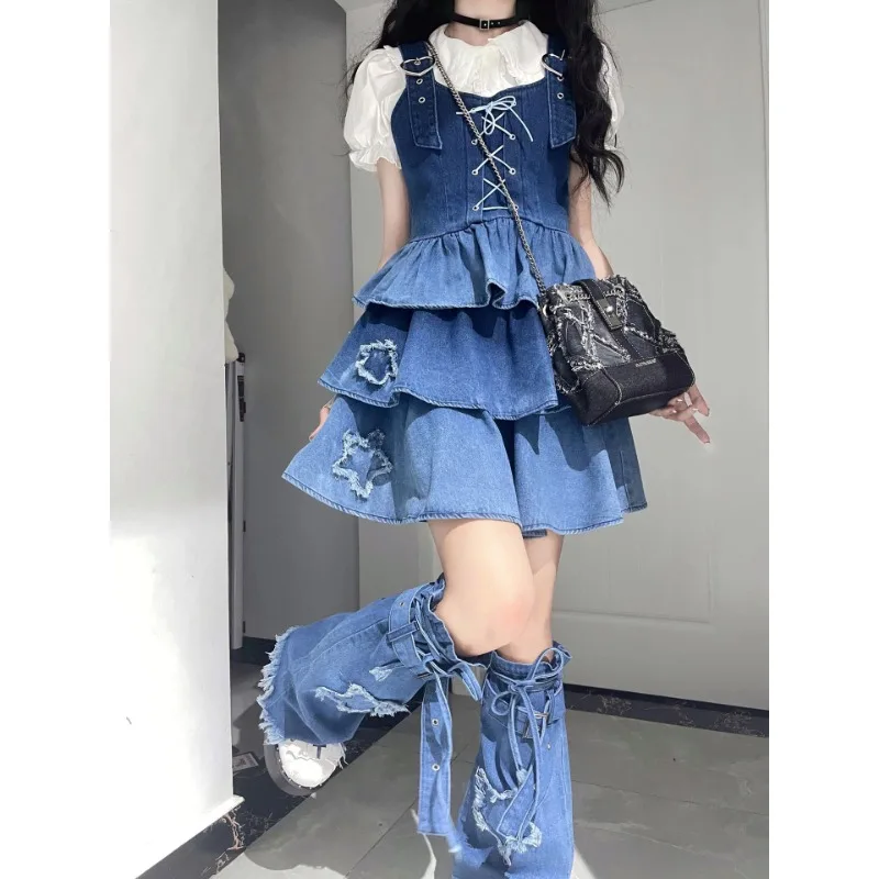Fashion White Lace Puff Sleeve Shirt Bandage Pleated Denim Suspender Dress Women Y2k 2024 Sweet Lolita Dress Suit Plus Size