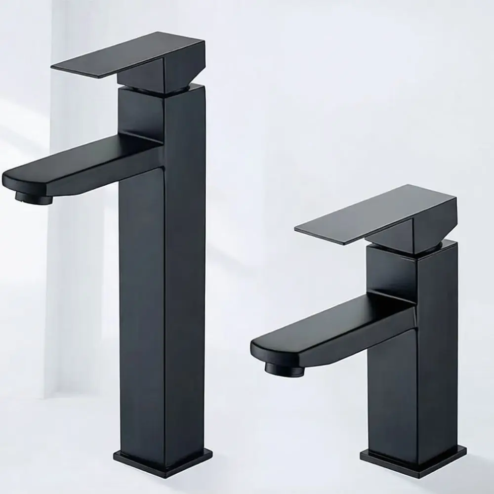 Modern Square Basin Faucet 304 Stainless Steel Matte Black Sink Mixer Bathroom Vanity Washroom Cold Hot Water Dual Unit