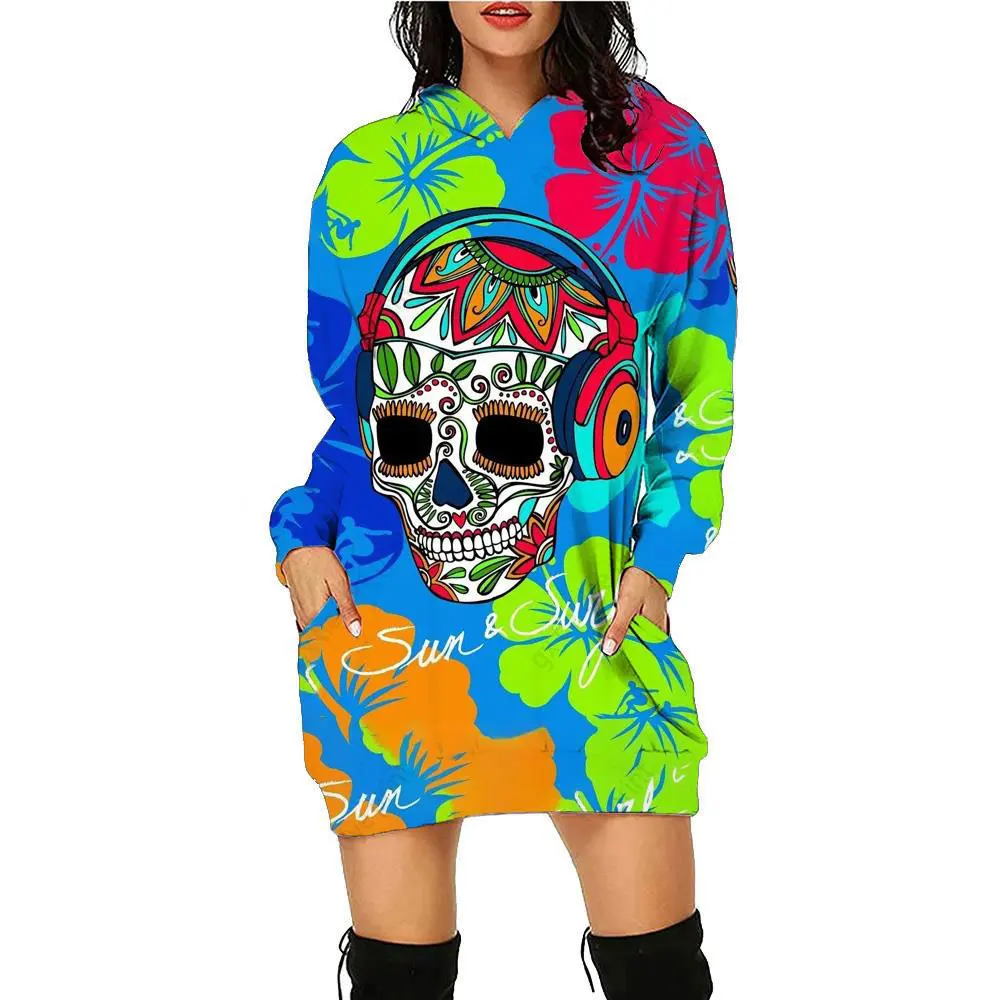 

New autumn and winter sportswear dress with 3D skull pattern long sleeved pullover, fashionable and casual women's hooded top